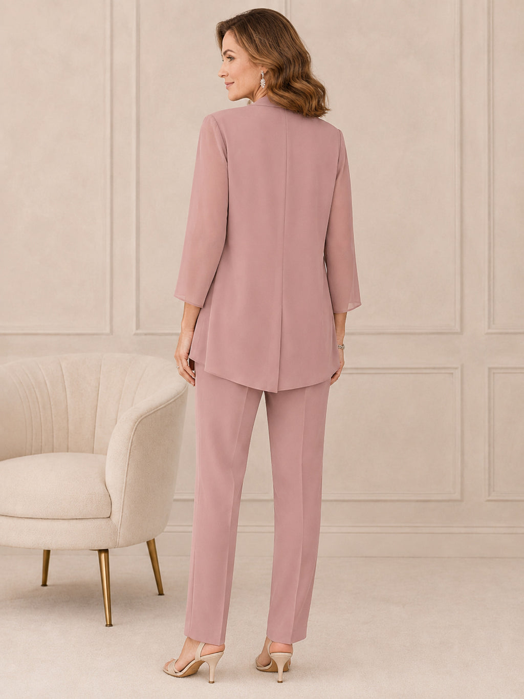 Dusty Rose Modern Beaded-Neck Straight-Leg Mother of the Bride Pantsuit with Three-Quarter Open Jacket and Tapered Trousers b