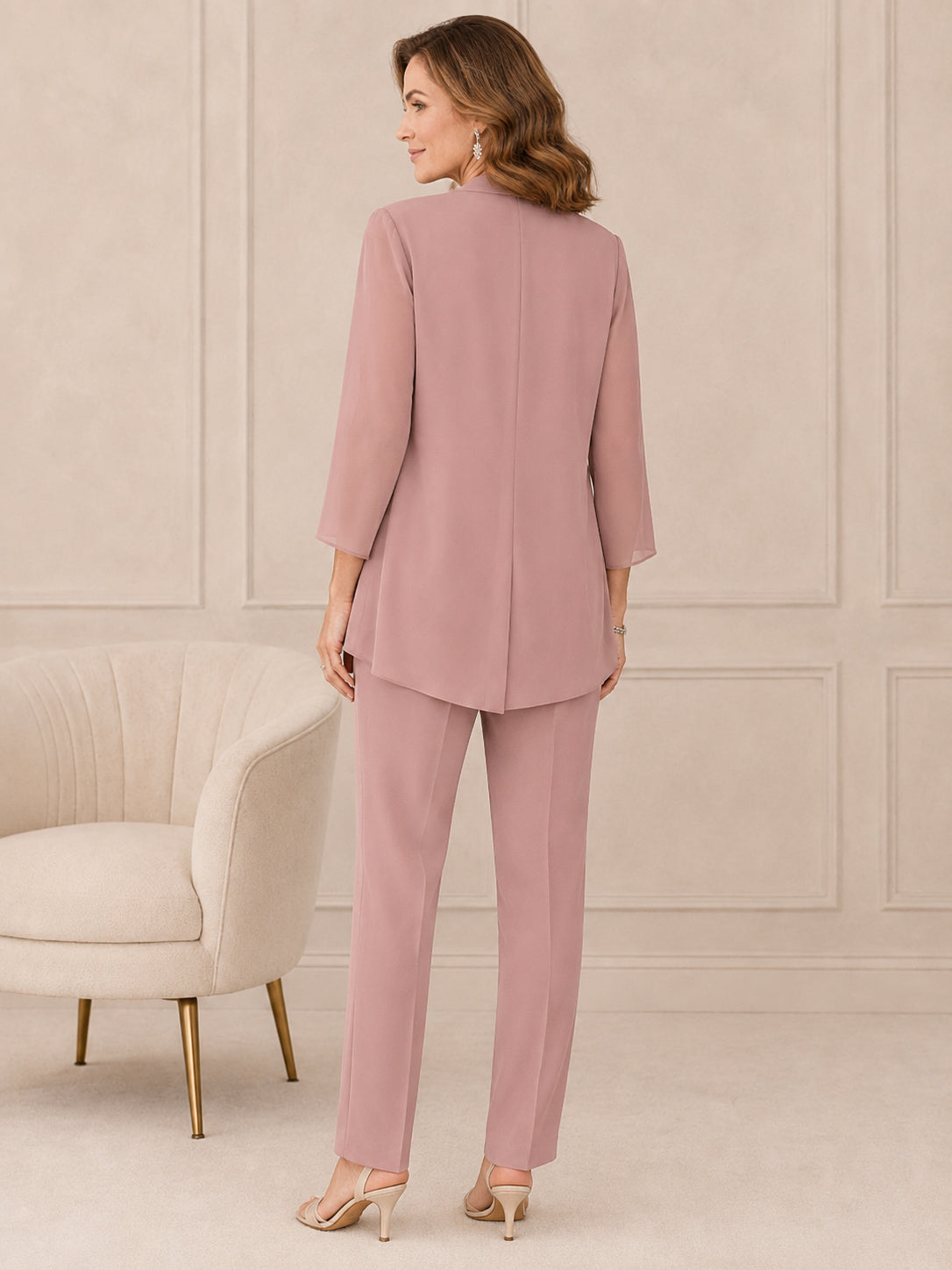 Dusty Rose Modern Beaded-Neck Straight-Leg Mother of the Bride Pantsuit with Three-Quarter Open Jacket and Tapered Trousers b