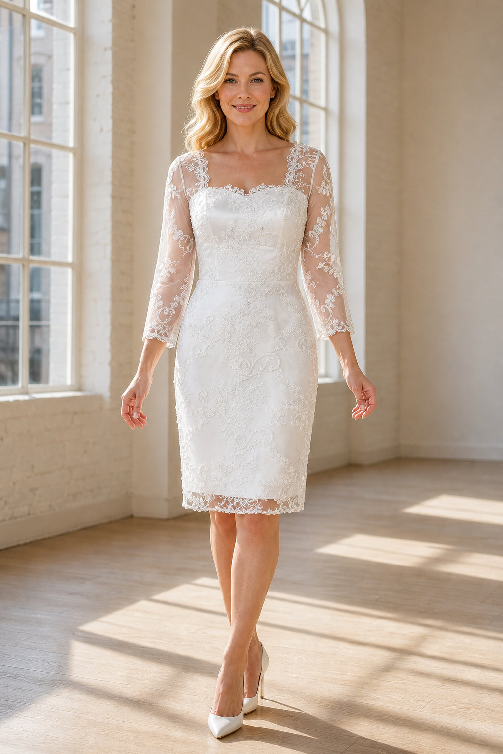 Ivory Bateau Long Sleeve Sheath Lace Knee-Length Dress With Scalloped Hem