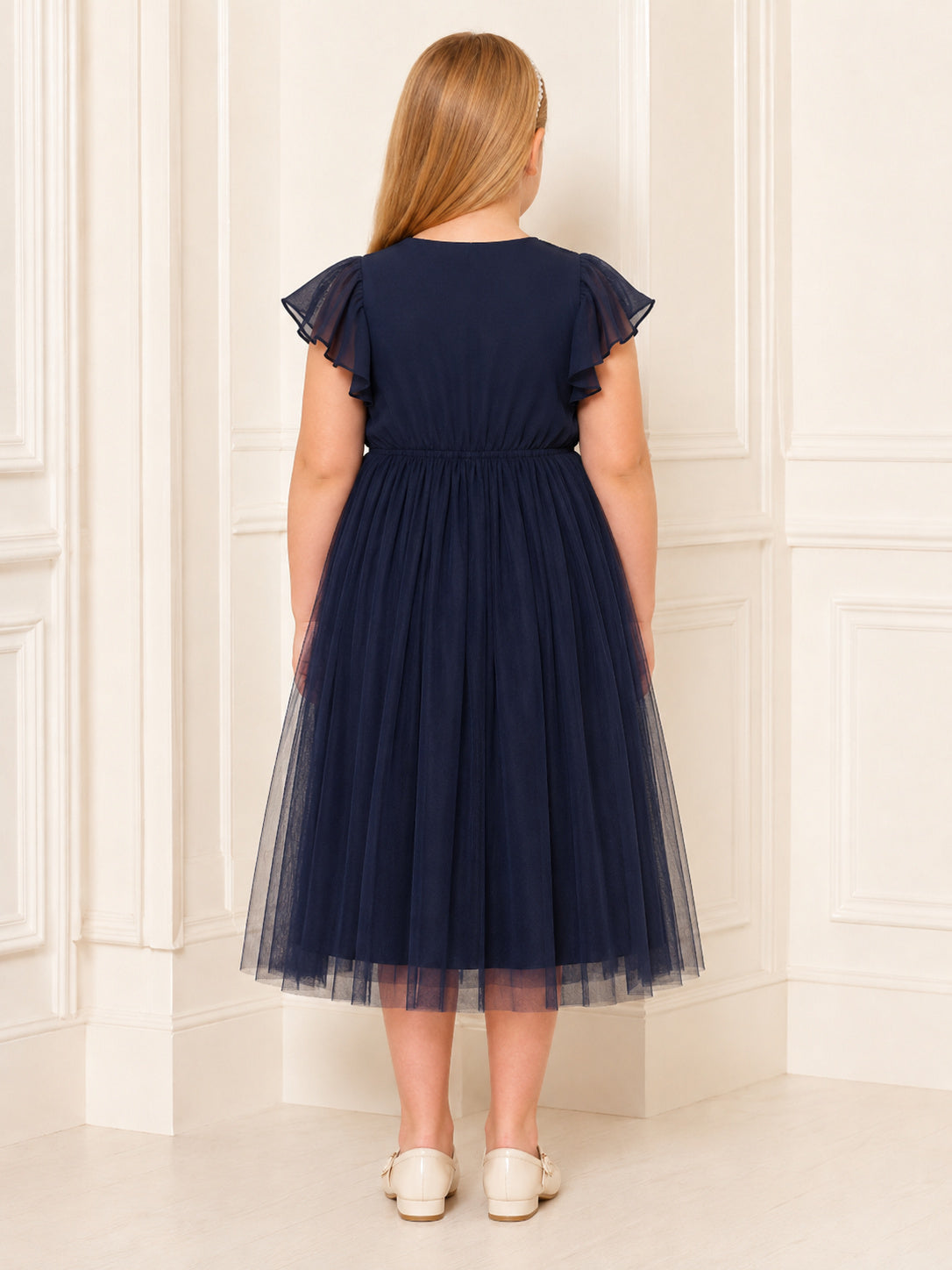 A-Line Dark Navy Tulle Flower Girl Dress with Short Sleeve Jewel Neckline Tea-length and A Satin Sash And Bow Accent back vie