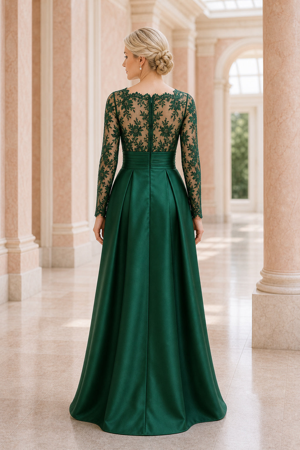 Emerald Bateau Long Sleeve A-Line Satin Floor-Length Dress With Lace Bodice