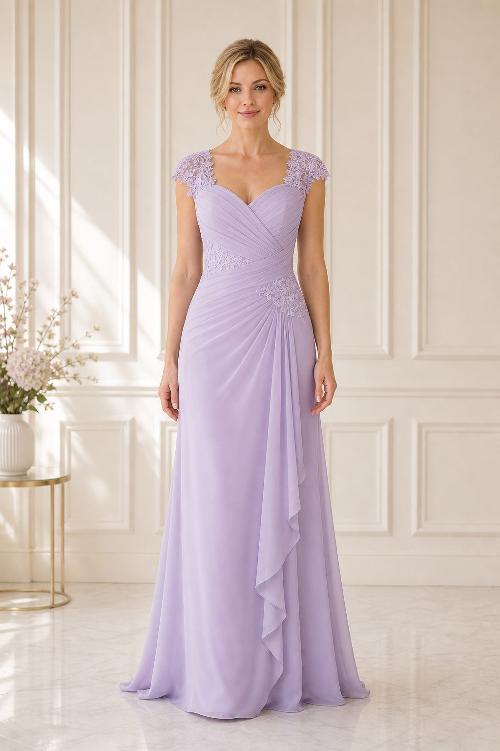 Lavender V-neck Cap Sleeve Sheath Chiffon Floor-Length Dress With Ruffle Skirt