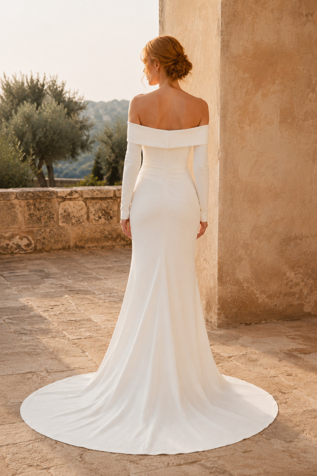 White Off-the-Shoulder Long Sleeve Stretch Satin Mermaid Wedding Dress back view