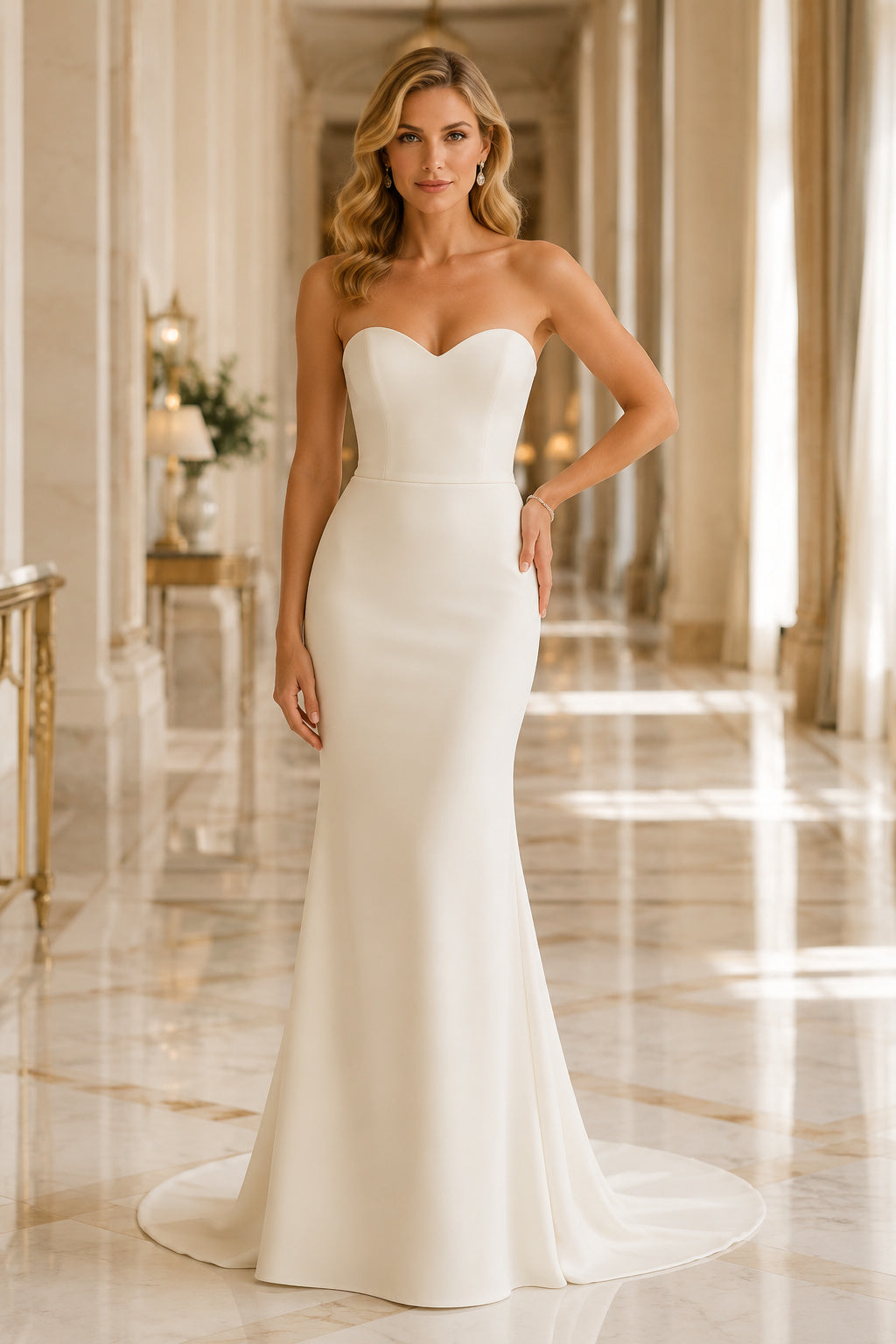 Ivory Strapless Crepe Mermaid Wedding Dress with Sweetheart Neck and Train front view