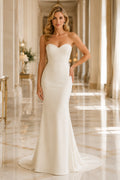 Ivory Strapless Crepe Mermaid Wedding Dress with Sweetheart Neck and Train front view