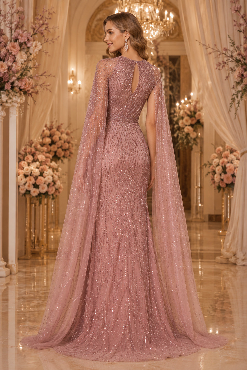 Dusty Rose Beaded Cape Sleeve Evening Dress with V-Neck and Sheath Skirt back view