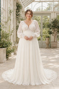 Plus Size Ivory V-Neck Bishop Sleeve Lace Tulle A-Line Wedding Dress with Bishop Sleeves and Chiffon Sweep Train front view