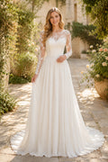 Long Sleeve Illusion A-Line Wedding Dress with Lace Bodice and Chiffon Train for Beach Garden Ceremony front view
