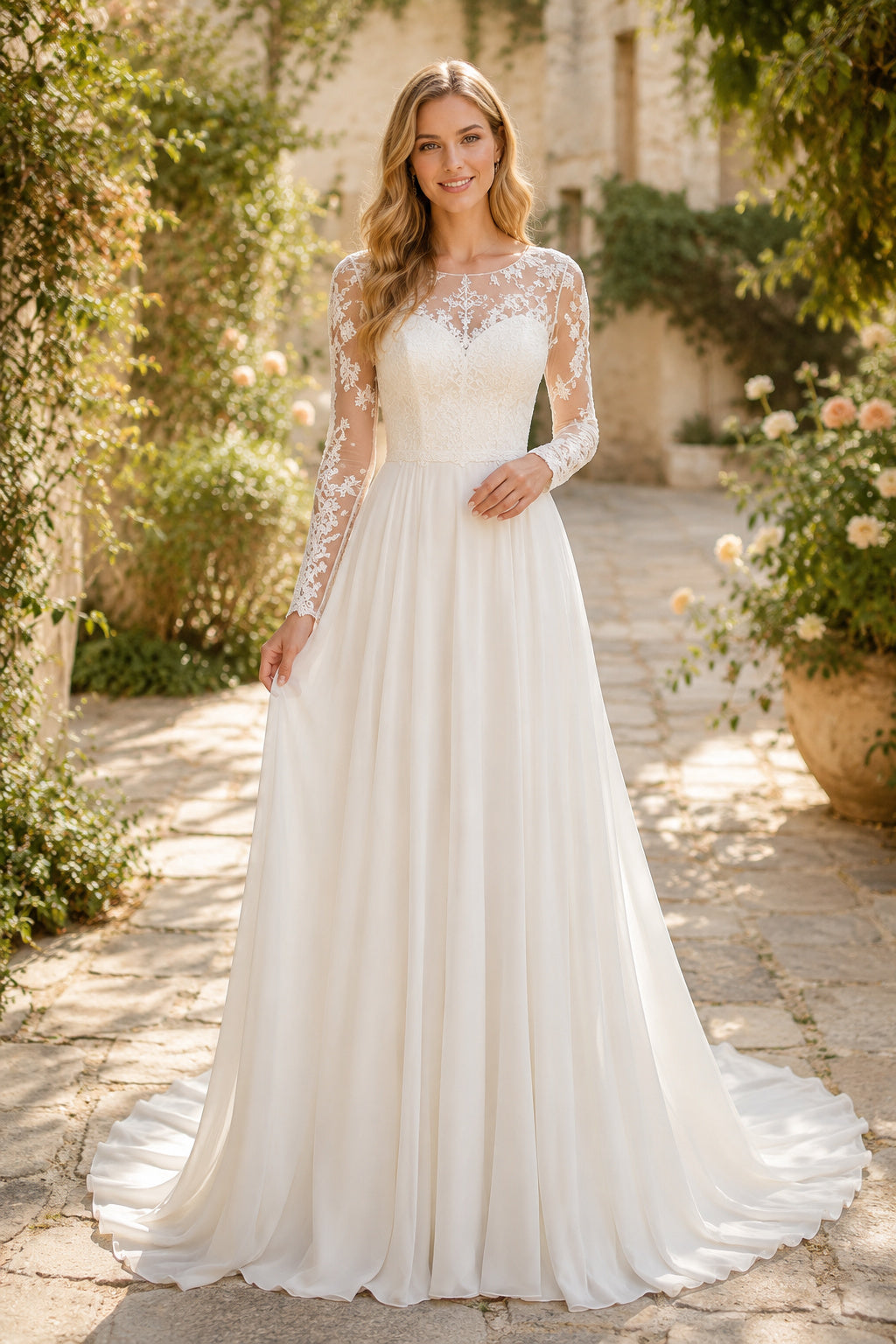 Long Sleeve Illusion A-Line Wedding Dress with Lace Bodice and Chiffon Train for Beach Garden Ceremony front view
