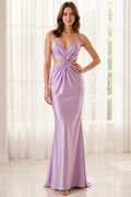 Lavender Halter Satin Sheath Formal Dress with Front Knot and Side Waist Cutout front view