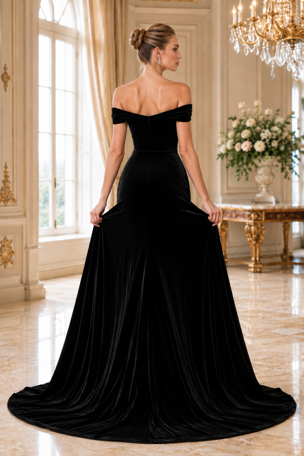 Black off the shoulder velvet ball gown with sweetheart neckline and full skirt Floor-length And Sweep/Brush Train Ball Gown