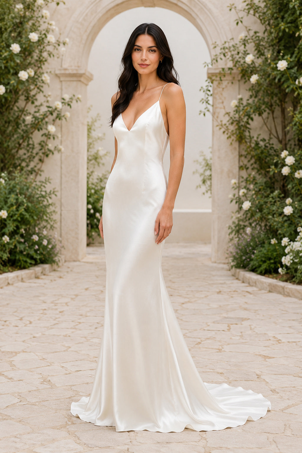 Satin Wedding Dress Mermaid V-Neck Spaghetti Strap Sweep Train Bridal Gown front view