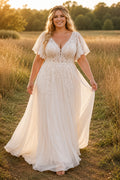 Plus Size V-Neck Cap Sleeve Lace Wedding Dress with Soft Tulle Train front view
