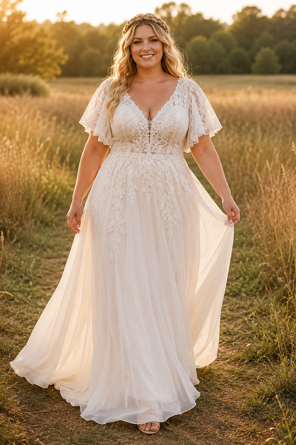 Plus Size V-Neck Cap Sleeve Lace Wedding Dress with Soft Tulle Train front view