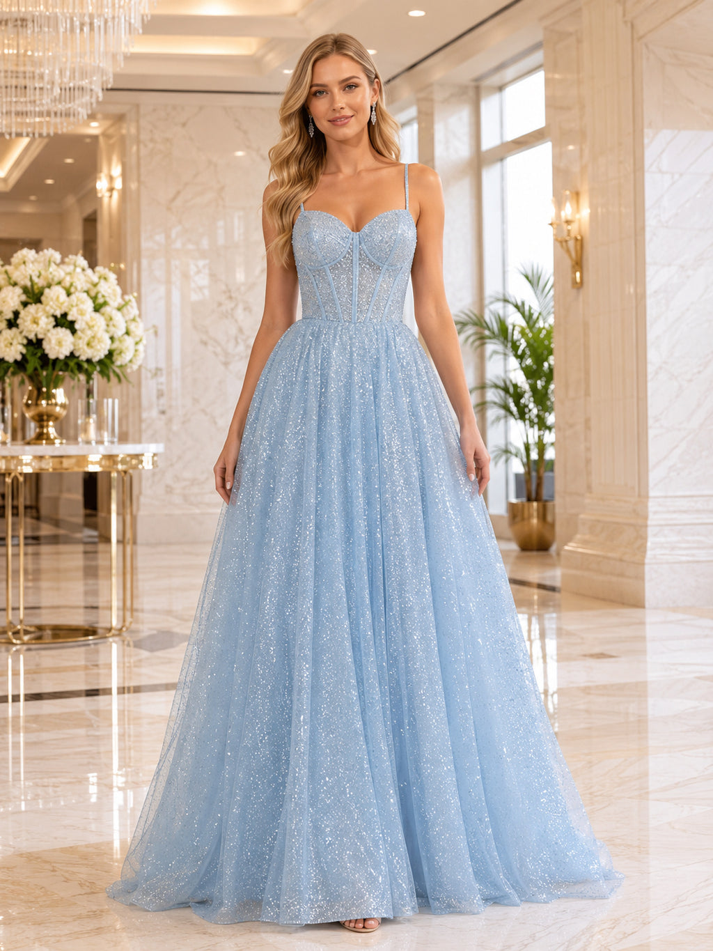 Ethereal Sky Blue Sequin Prom A Line Floor Length Spaghetti Corset Gown front view