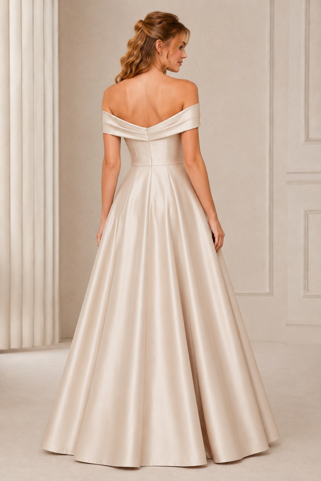 Champagne Off-the-Shoulder Satin A-Line Formal Dress with Pleated Full Skirt back view