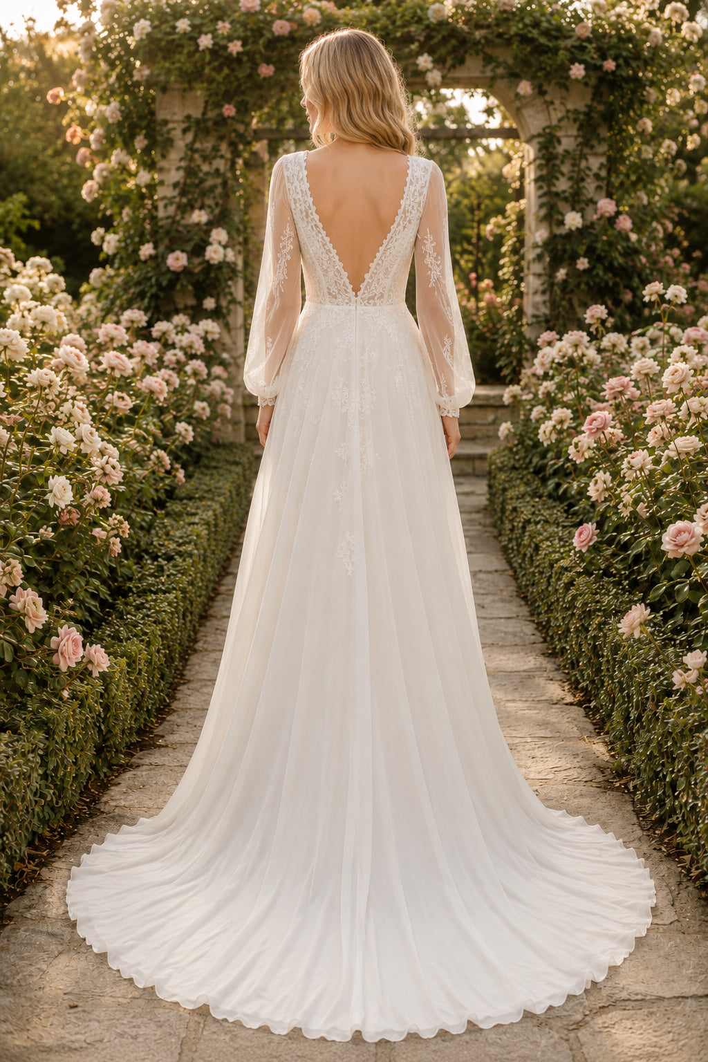 Ivory V-Neck Long Sleeve Lace A-Line Wedding Dress with Deep V Back and Train back view