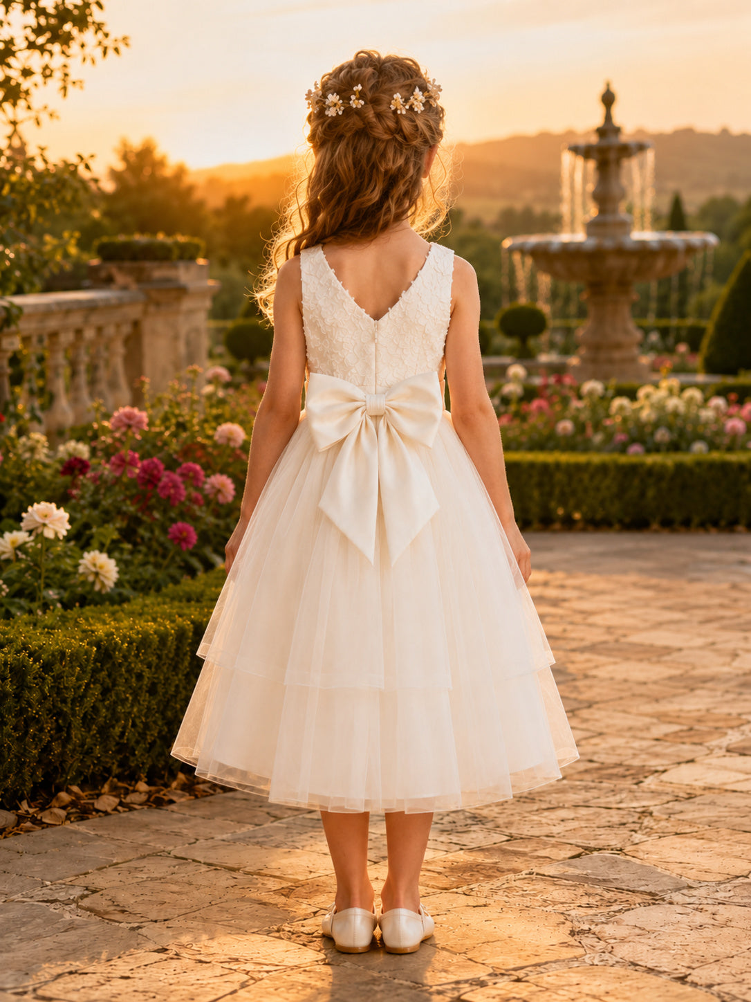 Flower Girl Dress Ivory Tulle Satin A-Line V-Neck Tea Length Bow Back back view