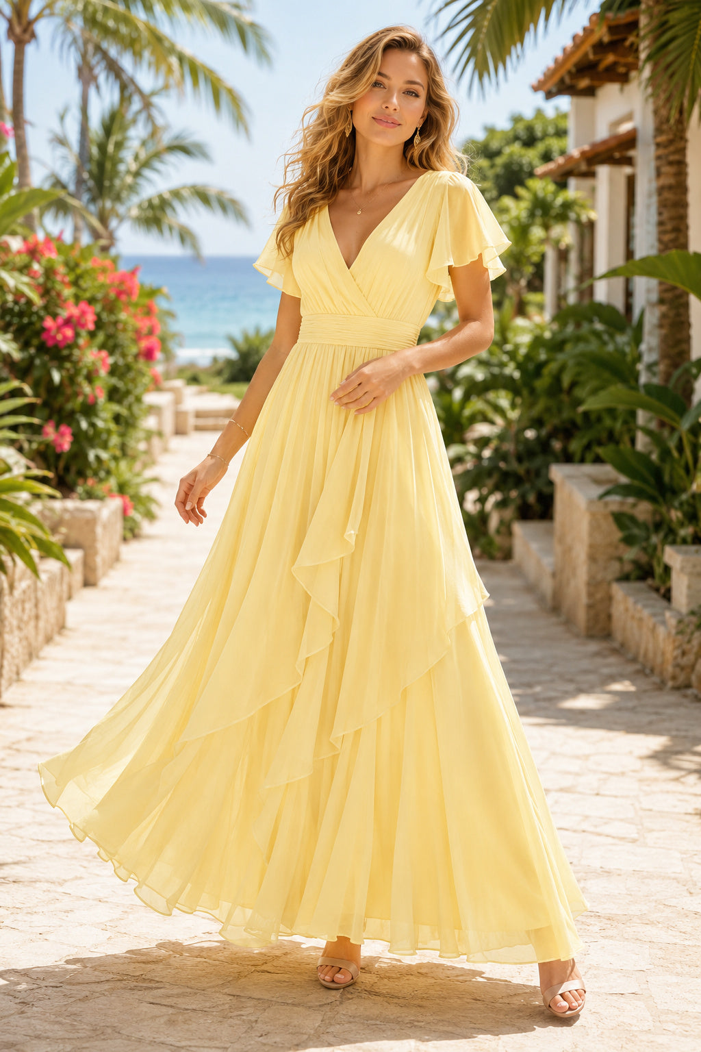 Daffodil V-Neck Flutter Sleeve Chiffon Formal Dress front view