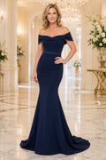 Dark Navy Off the Shoulder Mermaid Mother Dress with Beaded Waist and Sweep Train front view