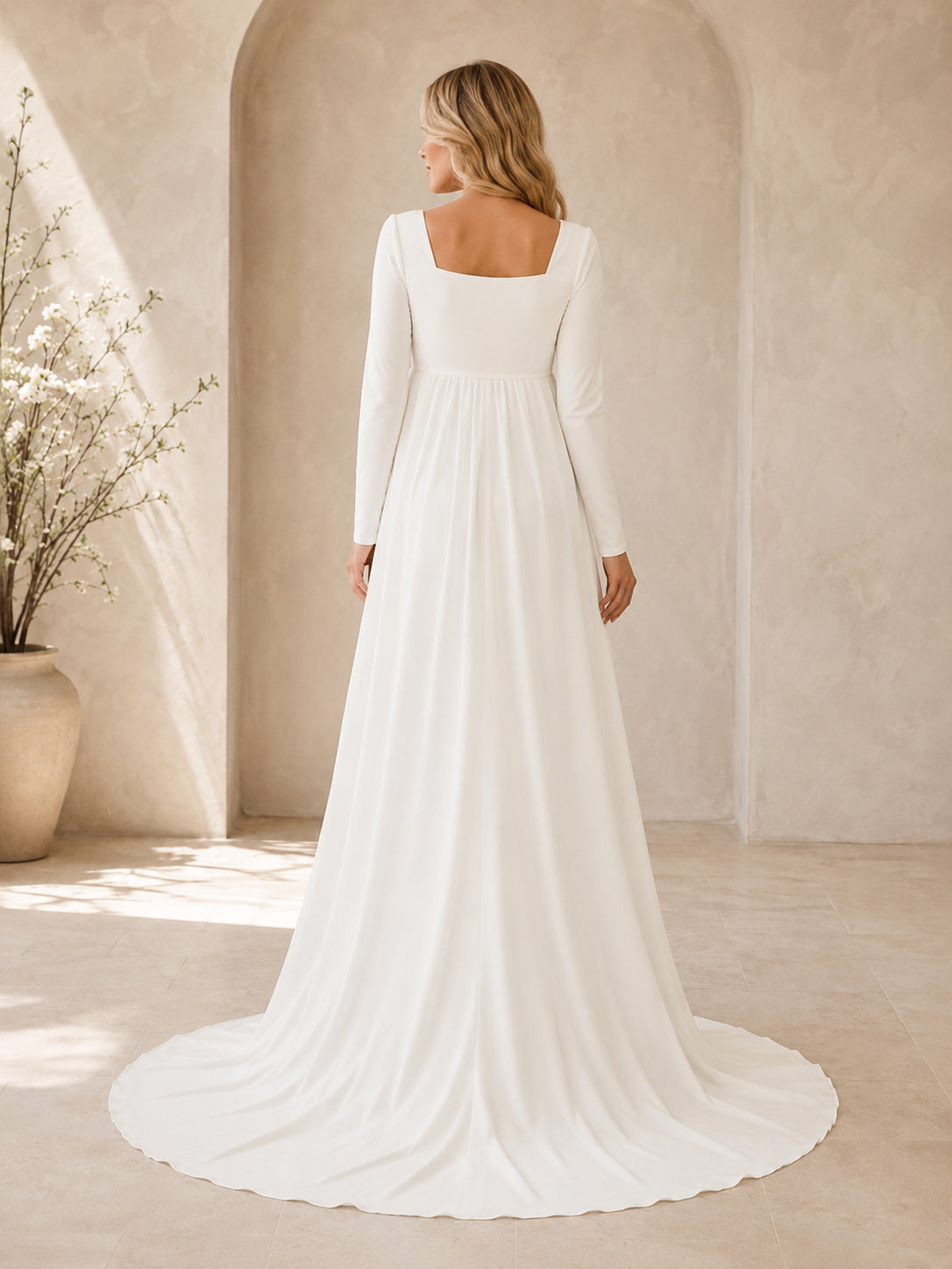 Simple Maternity Square Neck Long Sleeve Satin Empire A-Line Sweep Wedding Gown back view