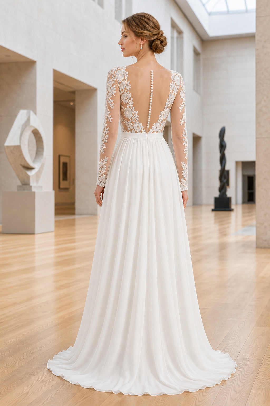 White V-neck Long Sleeves A-Line Crepe Floor-length Wedding Dress With Open Back and Lace Bodice