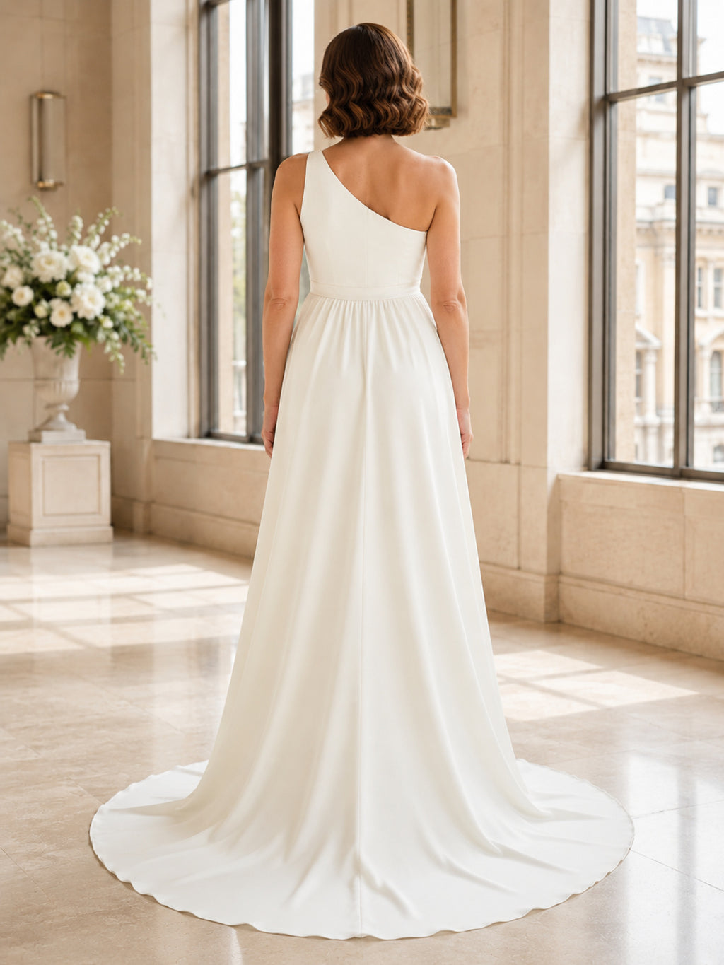 Country Chiffon Wedding Dress A-Line V-Neck Sleeveless Sweep Train Low V Back Bridal Gown back view
