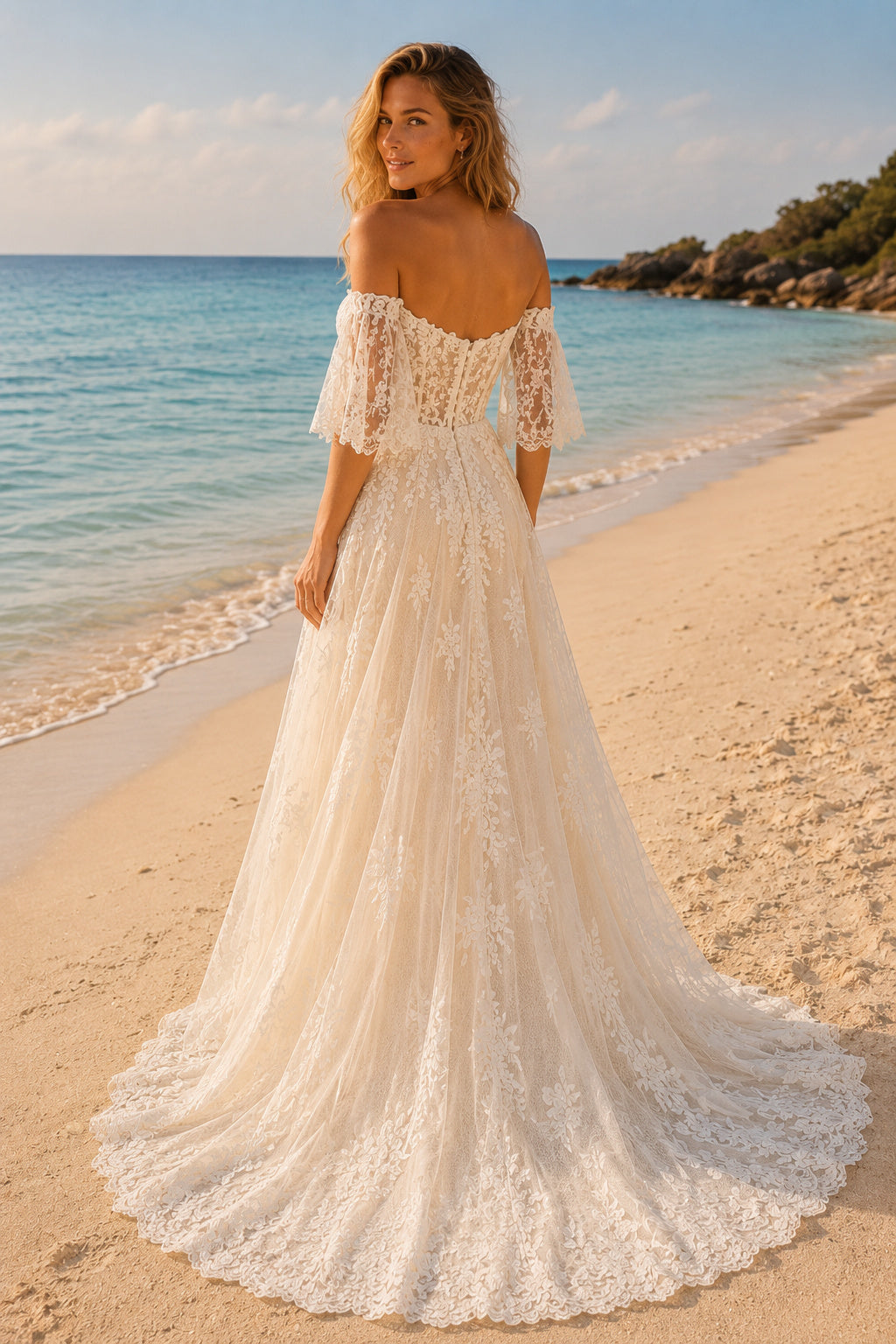 Ivory Off Shoulder Lace Sleeve A-Line Wedding Dress Chapel Train for Bridal Ceremony and Reception back view