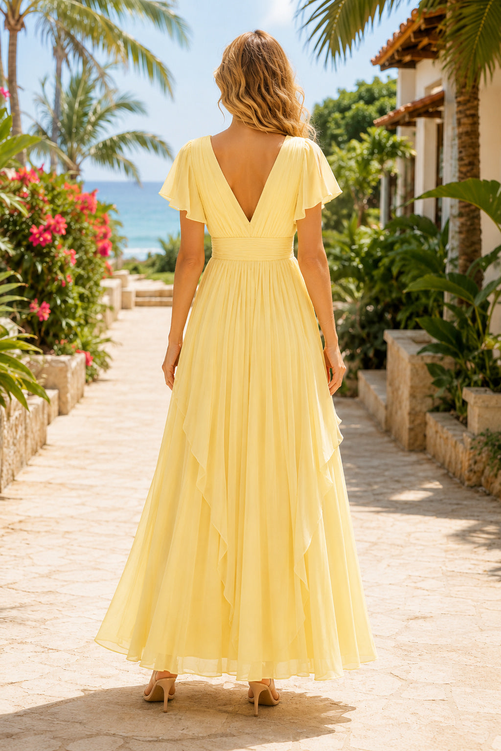 Daffodil V-Neck Flutter Sleeve Chiffon Formal Dress back view