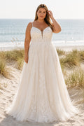 Plus Size Ivory V-Neck Spaghetti Strap Sleeveless Lace Tulle A-Line Wedding Dress with Spaghetti Straps and Soft Tulle Skirt