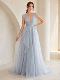 Steel Blue Deep V-Neck Straps Organza A-Line Wedding Dress front view
