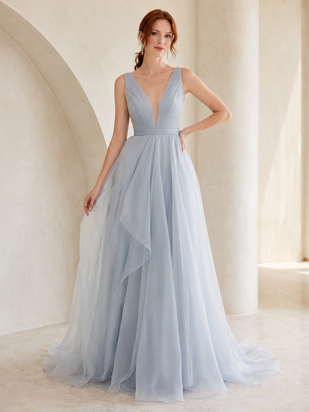 Steel Blue Deep V-Neck Straps Organza A-Line Wedding Dress front view