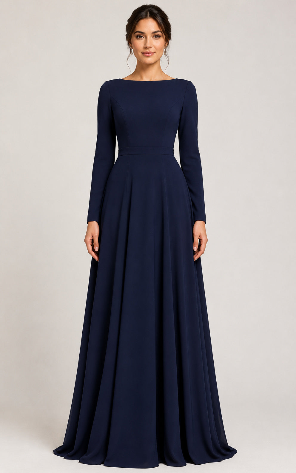 Modest Navy Formal Dress with Long Sleeves Bateau A-Line Evening Gown front view