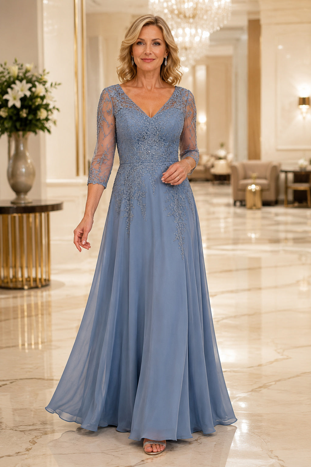Steel Blue V-Neck Lace Illusion A-Line Mother Dress with Three-Quarter Sleeves front view