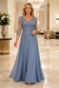 Steel Blue V-Neck Lace Illusion A-Line Mother Dress with Three-Quarter Sleeves front view