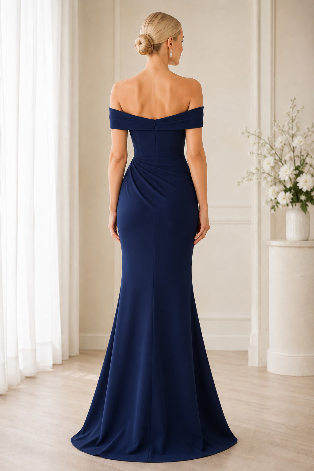 Dark Navy Off-the-Shoulder Stretch Satin Mermaid Evening Dress with Side Ruching back view