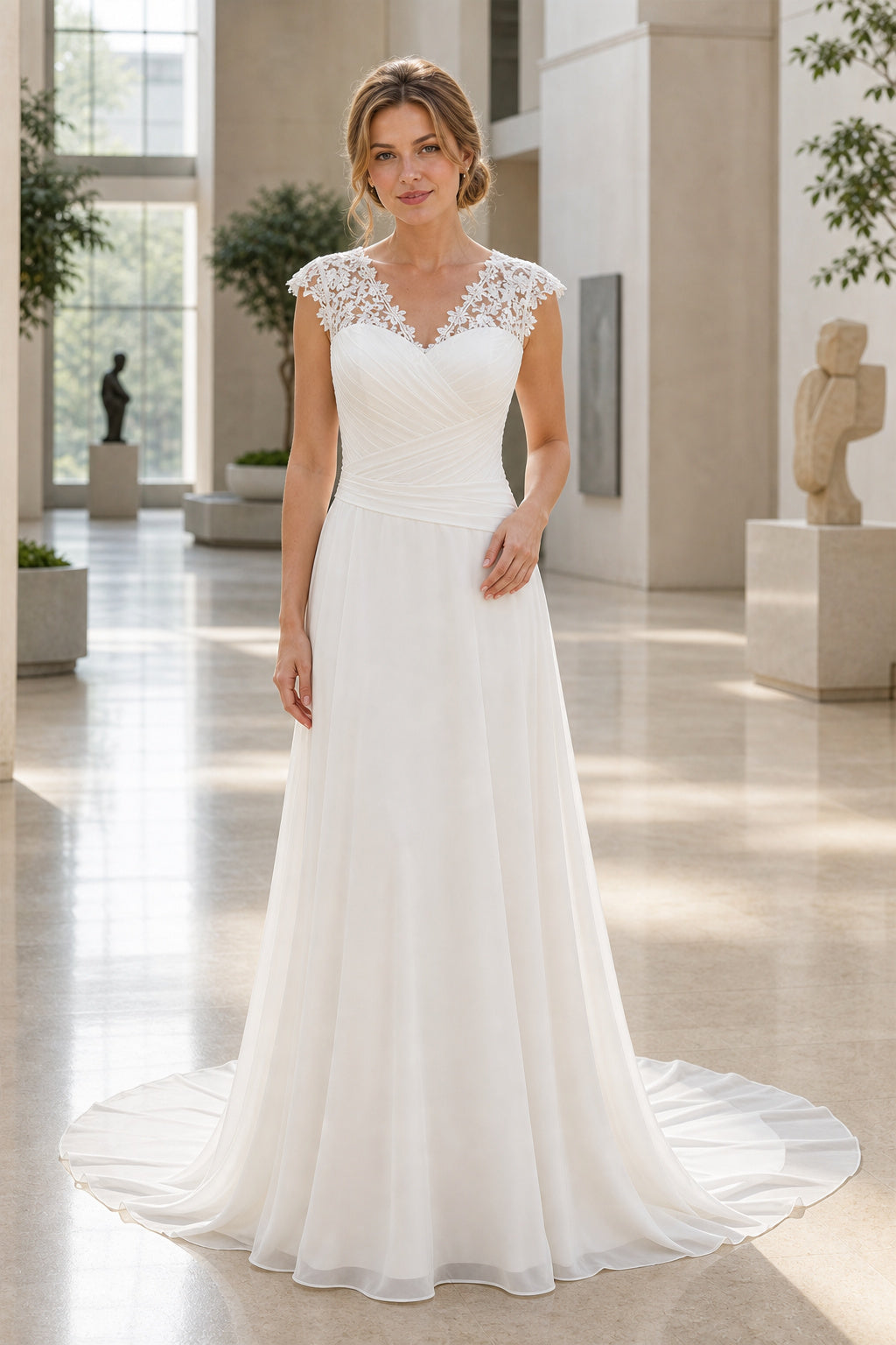 White Square Mermaid Lace Floor-length Wedding Dress With Lace and Layered Skirt and Open Back Lace Hem Detail