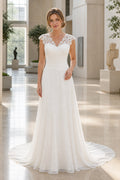 White Square Mermaid Lace Floor-length Wedding Dress With Lace and Layered Skirt and Open Back Lace Hem Detail