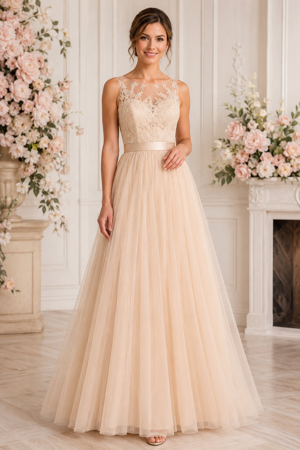 Champagne Illusion Lace Sparkle Bodice with Floor Length Tulle Skirt Floor Length A-Line Prom Dress front view