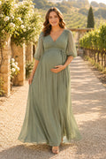 Sage Maternity Wedding Guest Empire Dress front view