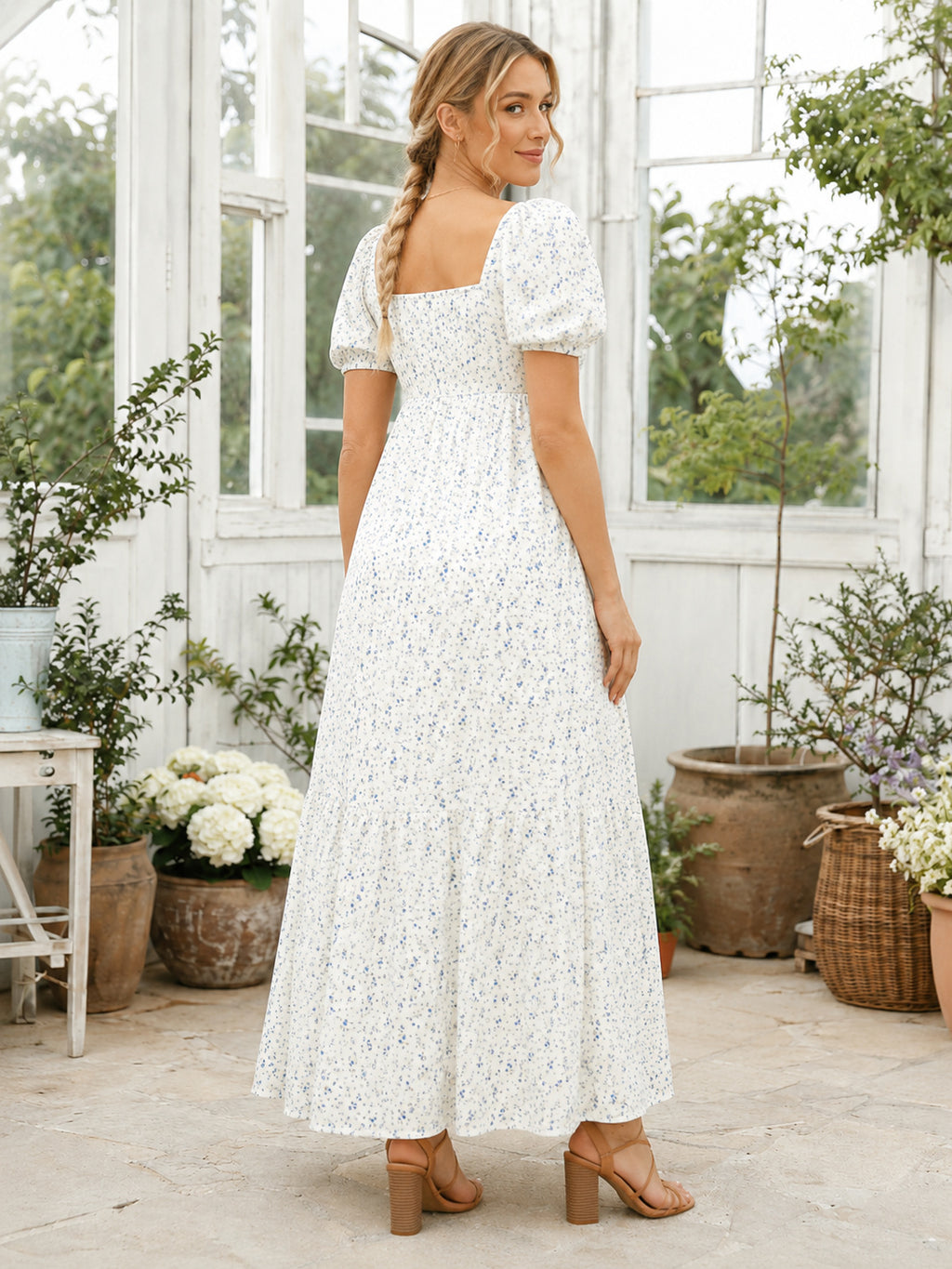 White Floral Maternity Square Neck Puff Sleeve A-Line Ankle Garden Dress back view