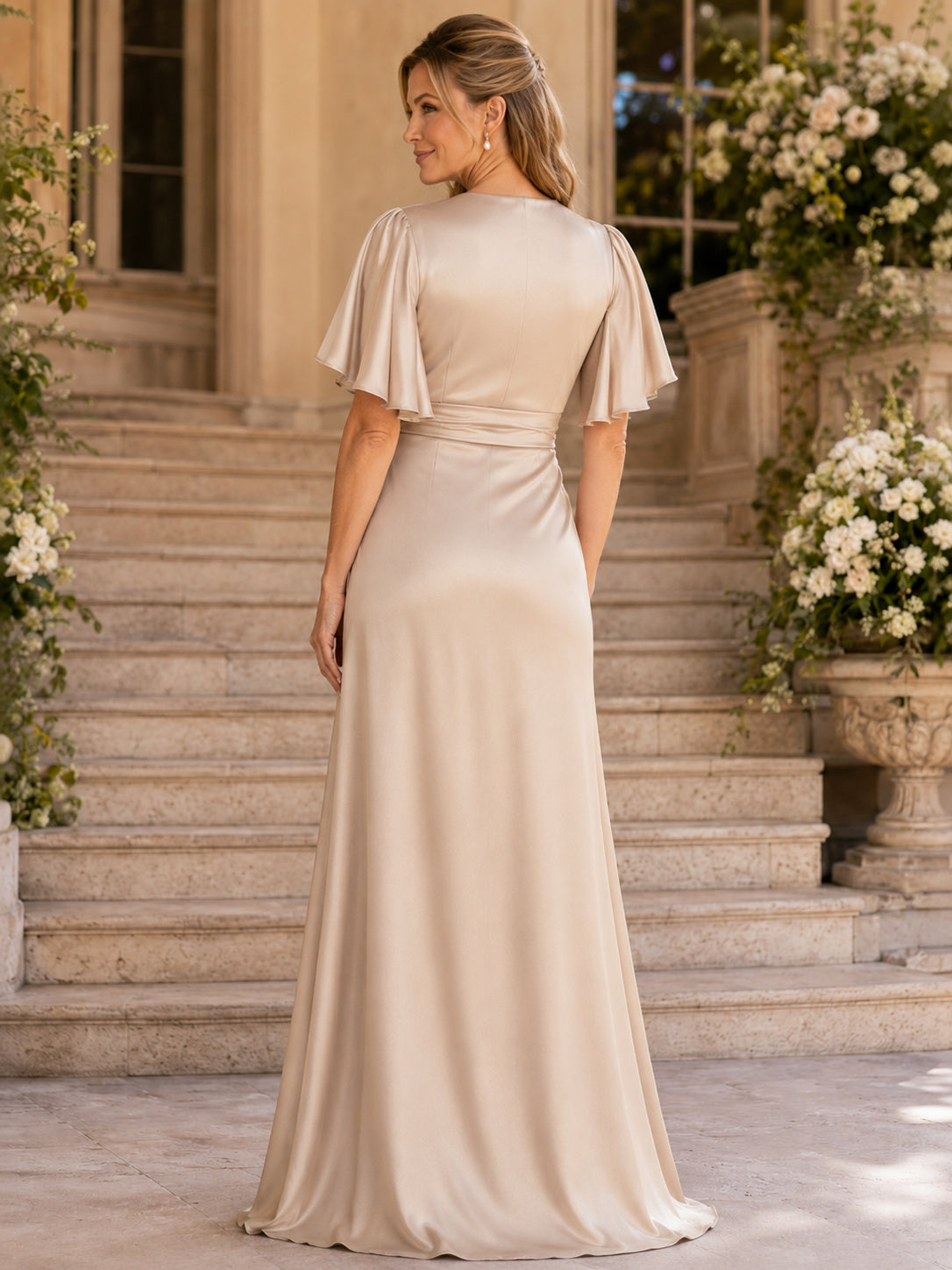 Champagne Modest V-Neck Satin A-Line Floor-Length Mother of the Bride Wrap Gown with Flutter Sleeves and Draped Sash back vie
