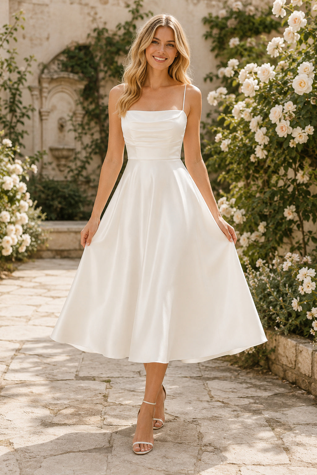 Ivory Square Neck Satin Tea Length Wedding Dress for Wedding Reception and Party front view
