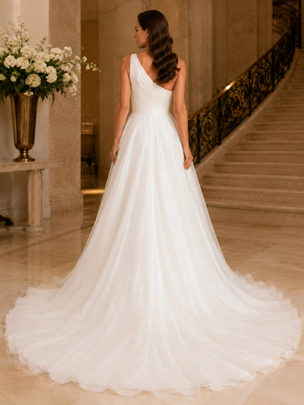 Chiffon Wedding Dress A-Line One Shoulder Sleeveless Sweep Train Bridal Gown Style 722354 back view