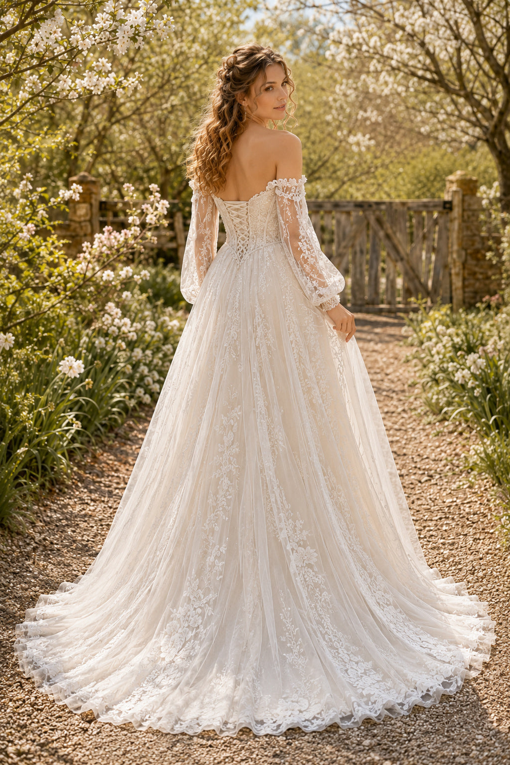 Ivory Off-the-Shoulder Bishop Sleeve Corset A-Line Wedding Dress with Chapel Train back view
