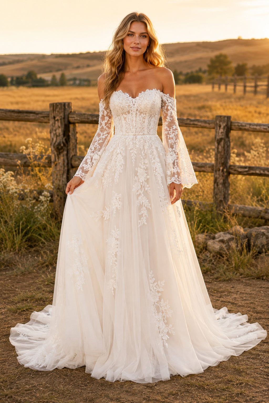 Off the Shoulder Long Sleeve A-Line Wedding Dress with Lace Appliques and Chapel Train front view