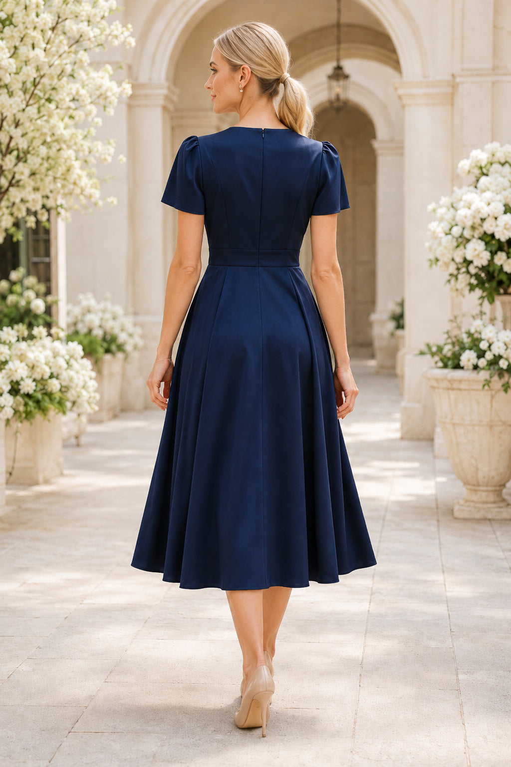 Sage Semi Formal Wedding Guest Sheath Dress back view