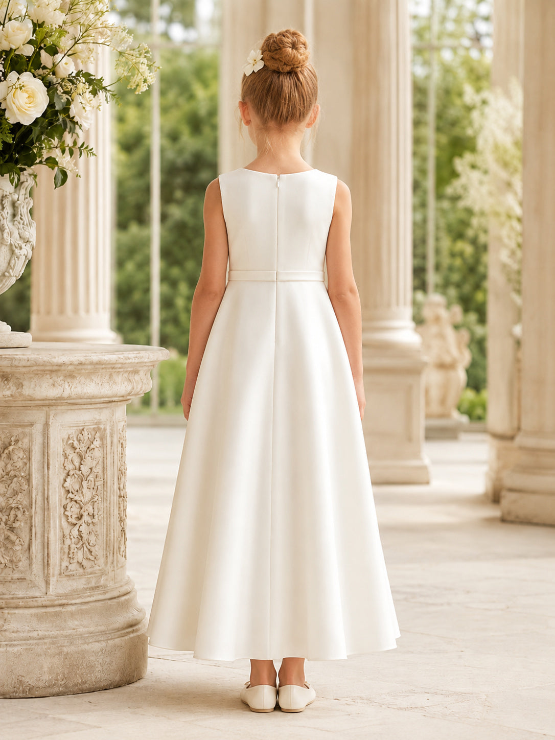 Flower Girl Dress Ivory Satin A-Line Sleeveless V Neck Floor Length back view