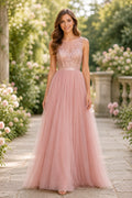 Blushing Pink One Shoulder Lace Bodice with Floor Length Tulle Skirt Floor Length A-Line Bridesmaid Dress front view