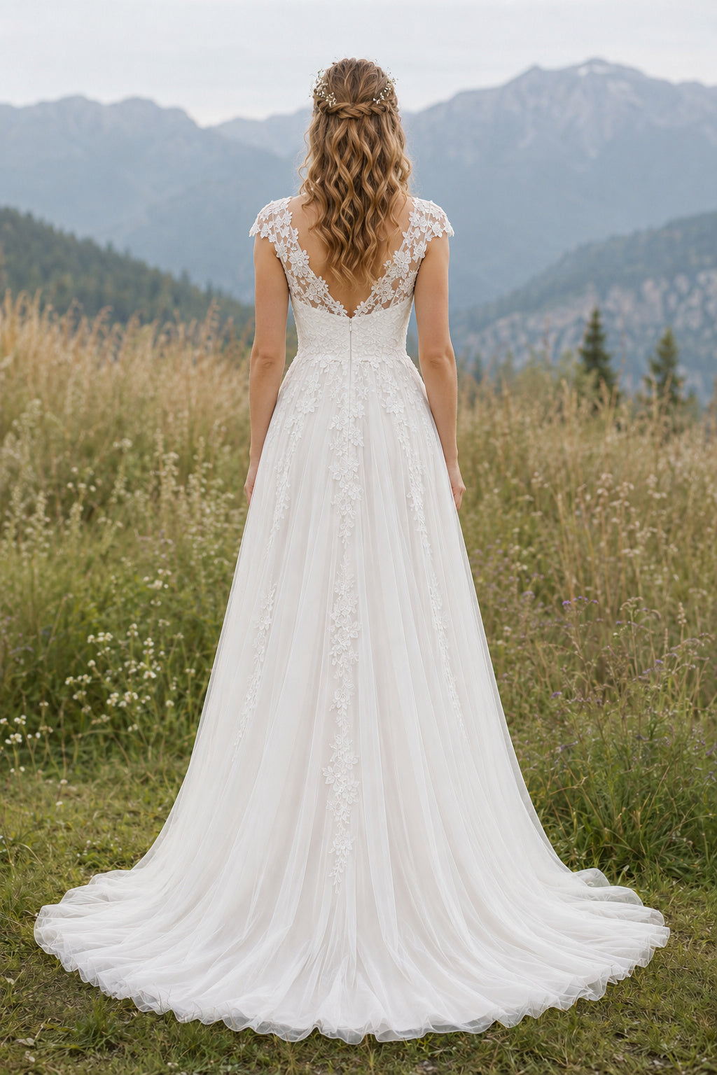 Ivory Cap Sleeve Tulle A-Line Wedding Dress with Sweetheart Bodice and Train back view